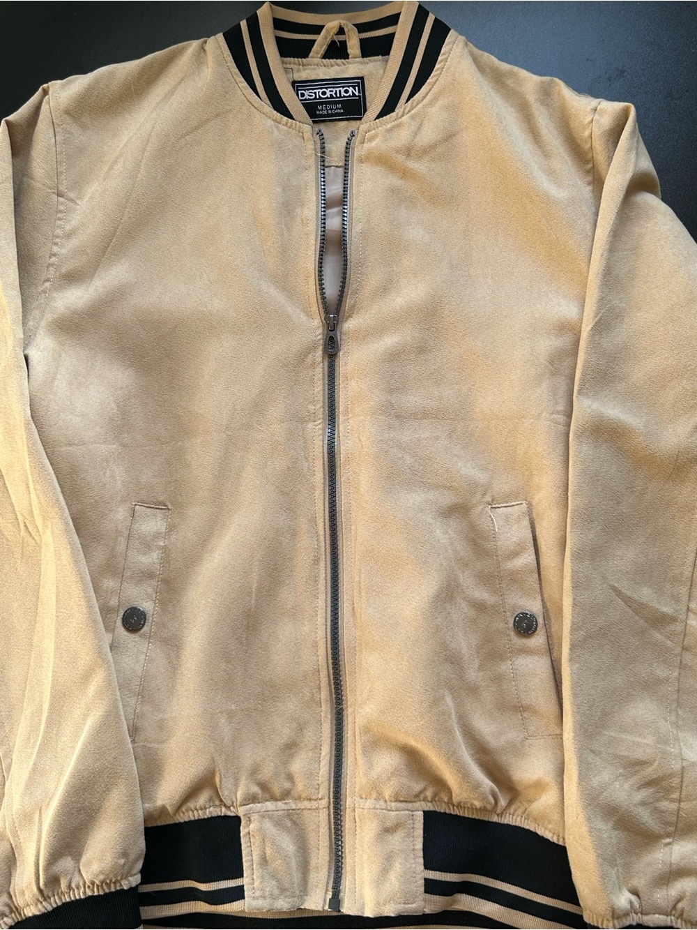 Distortion Men's Suede-Look Tan Bomber Jacket